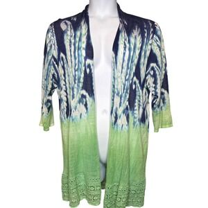 Chicos Womens Tie Dye Open Front Cardigan Kimono Green Blue Size 3 XL Coastal